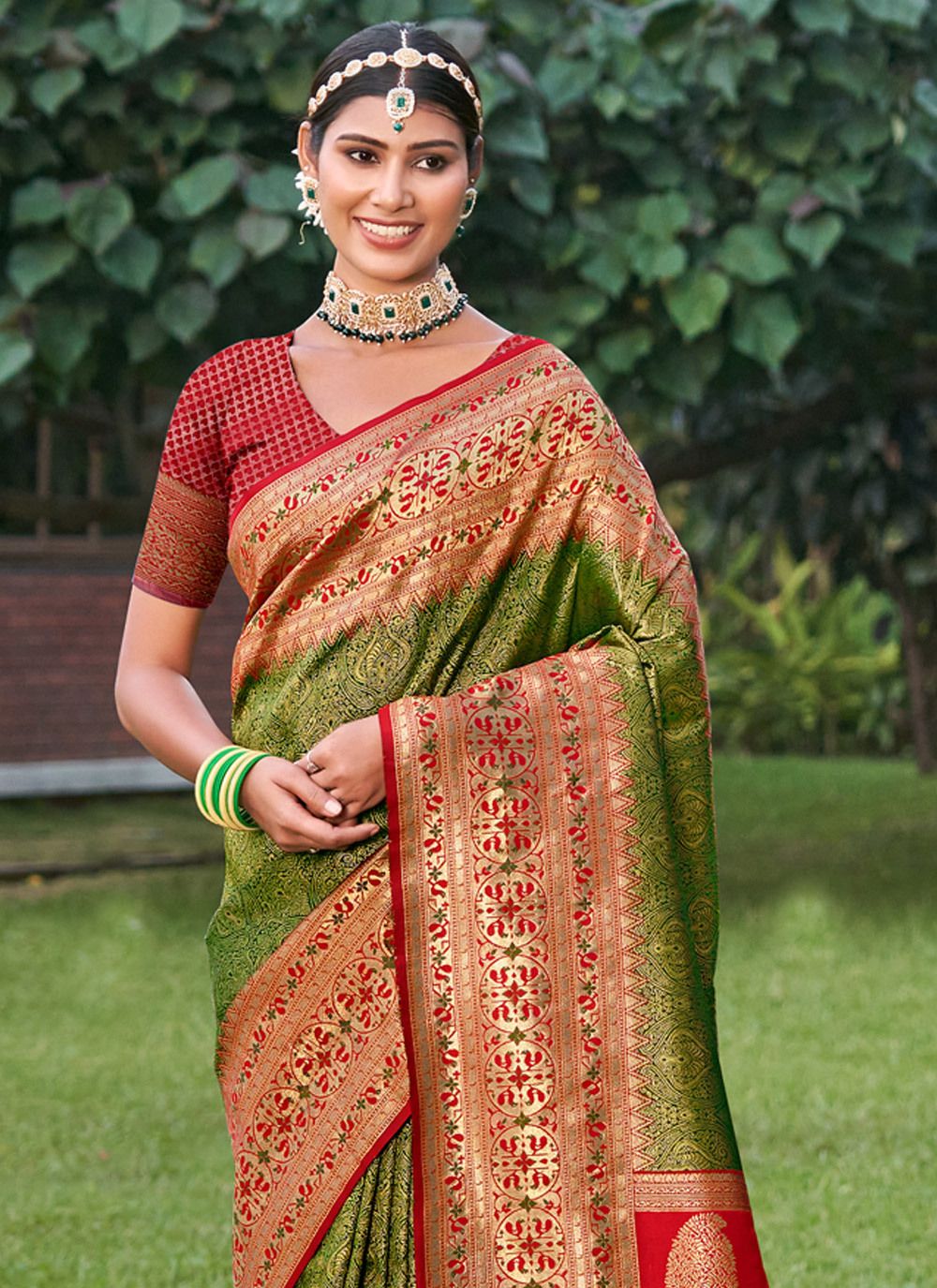 Anaita Mehendi Banarasi Saree With Blouse Piece