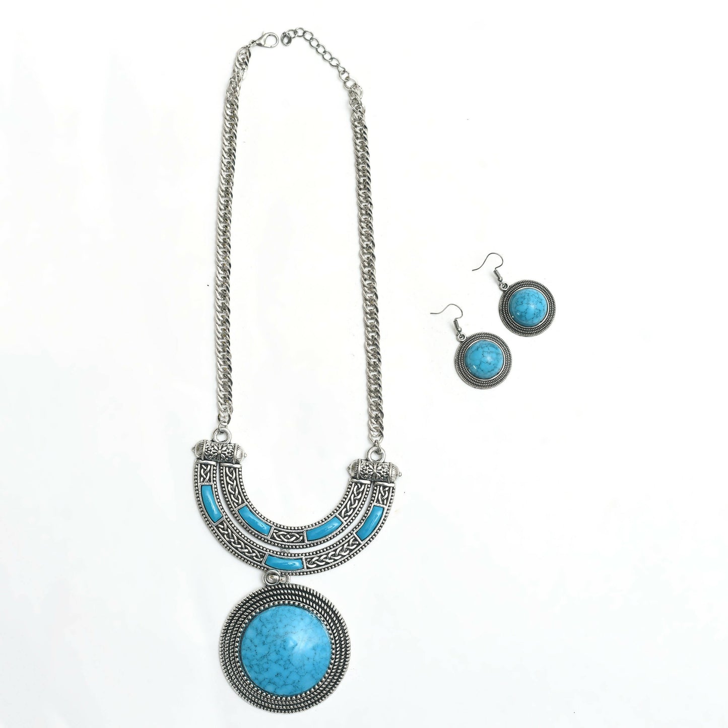 Mominos Fashion Johar Kamal Oxidised Silver-Plated Stone Work Long Necklace Handicraft Sky Blue