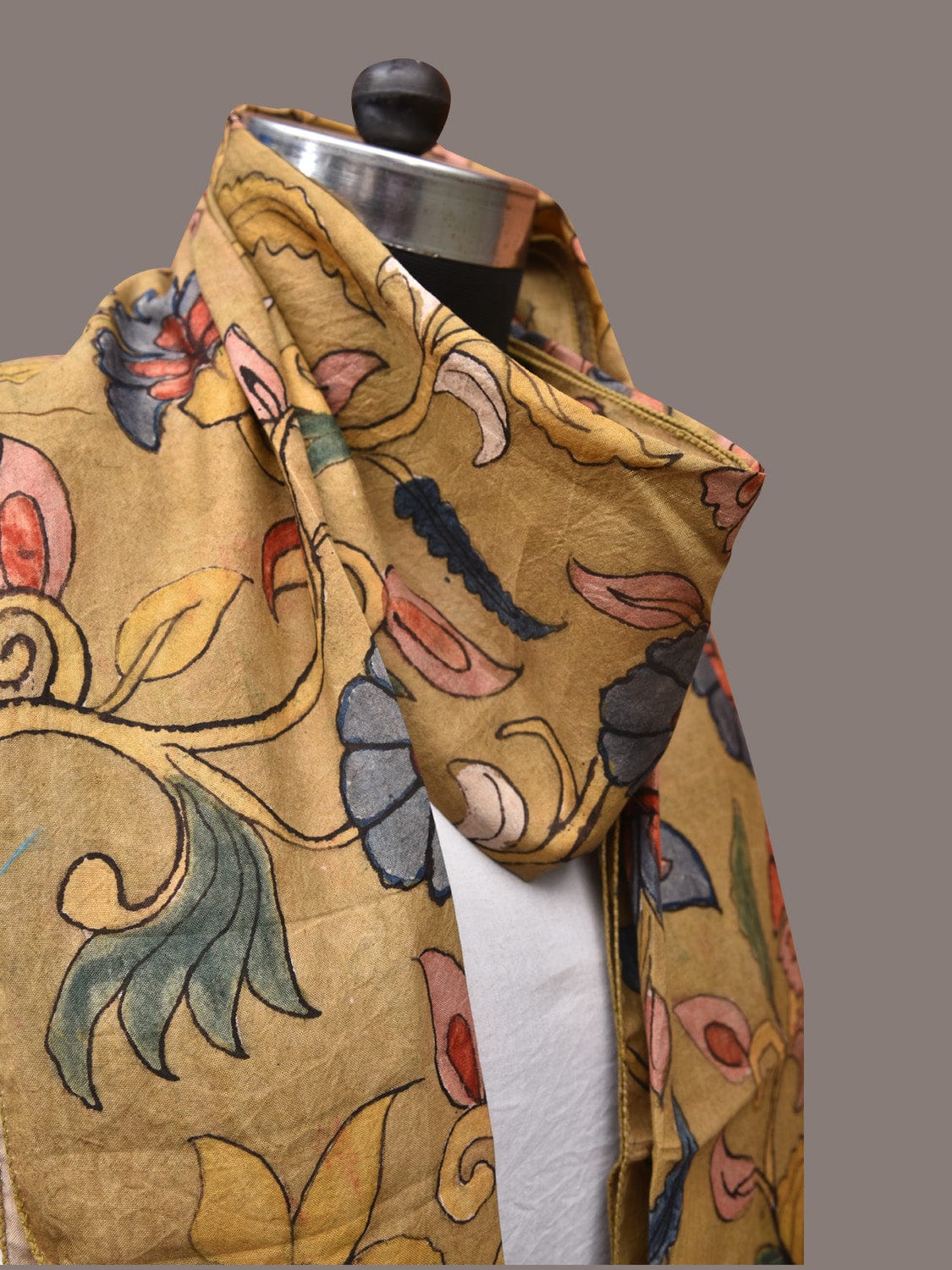Mustard Kalamkari Hand Painted Sico Stole with Floral and Birds Design - Global Threads