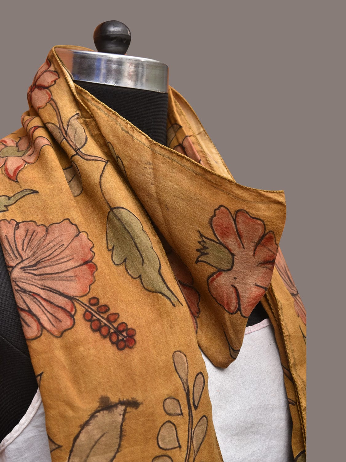 Mustard Kalamkari Hand Painted Sico Stole with Floral Design - Global Threads
