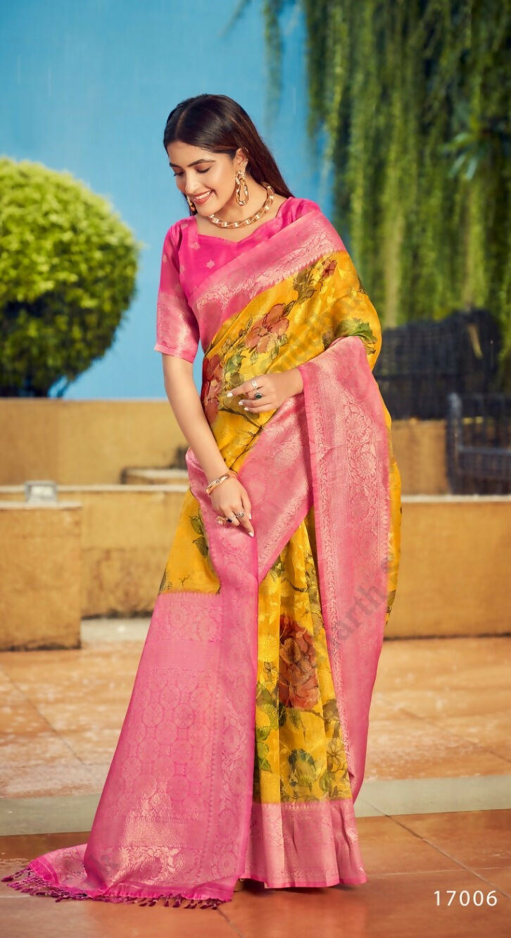 Exclusive Collection Wedding Pink Yellow Collection Banarasi Silk Saree With Rich Pallu