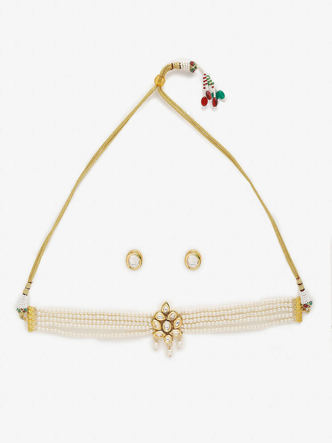 Gold-Polished White Pearl Kundan Choker With Studs - Ruby Raang