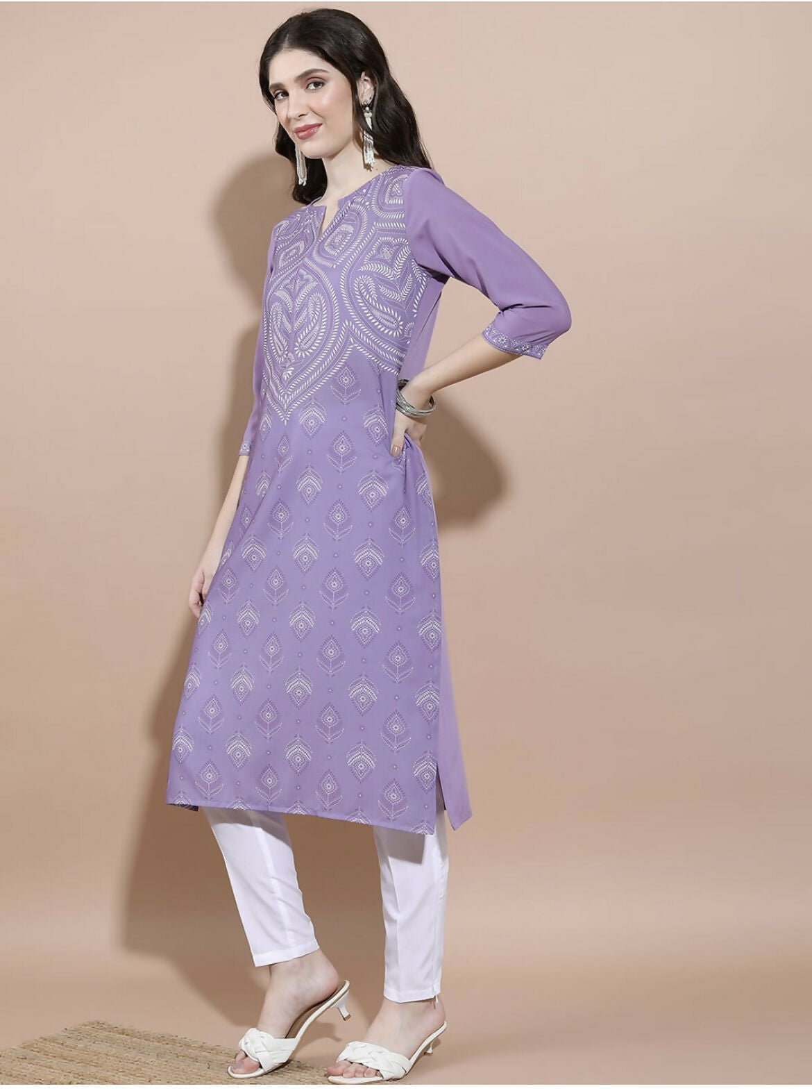 Cheera Women Stylish Hand Block Printed Cotton Blend Flared Kurta - Purpale