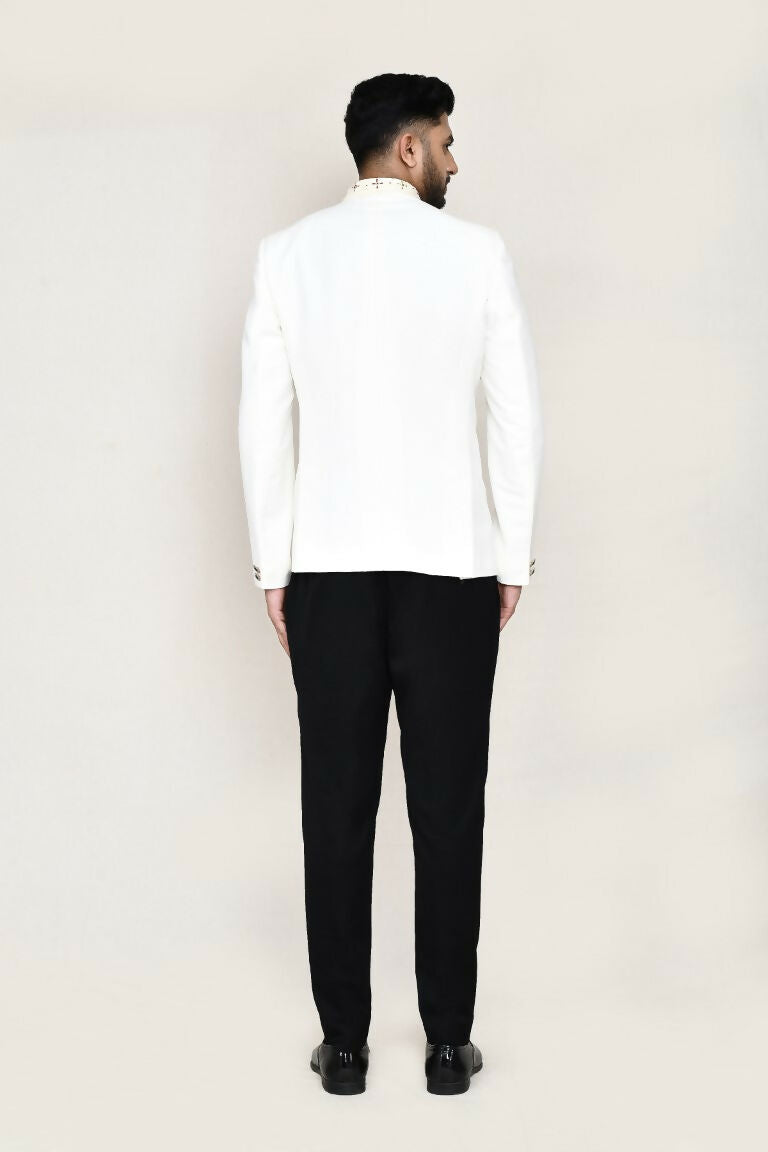 Joban Fashion White Colored Cotton Linen With Neck Embroidery Work Fabric Prince Coat, Pocket Square With Pant