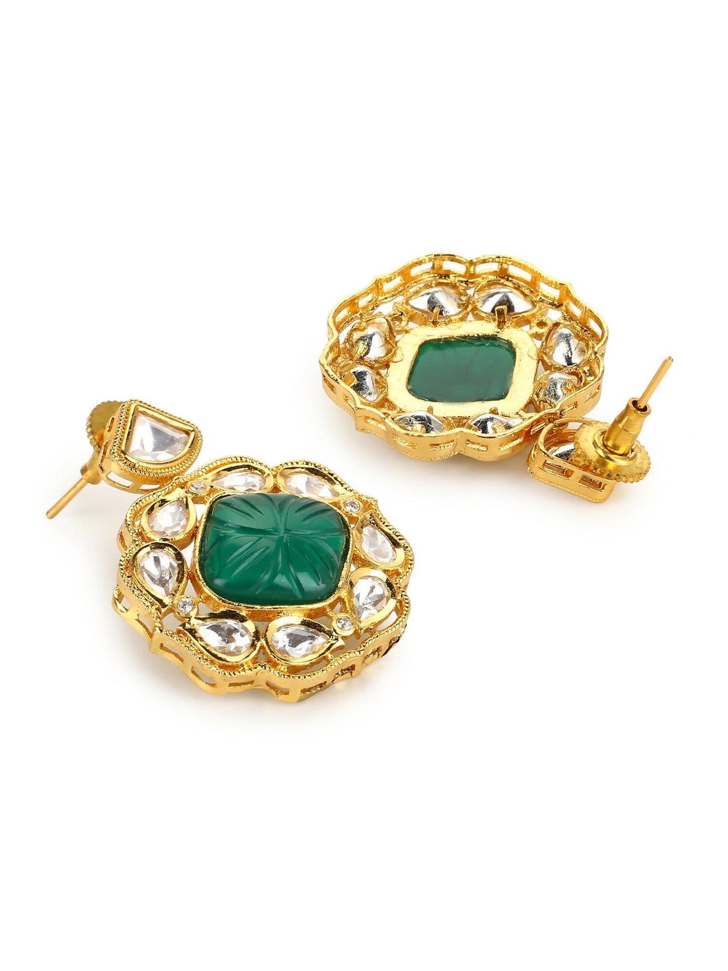 Green Gold-Polished Kundan Studs Earrings - Ruby Raang