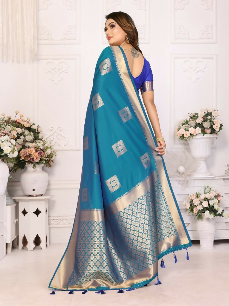 Anaita Blue Soft Silk With Zari Weaving Borders Saree With Blouse