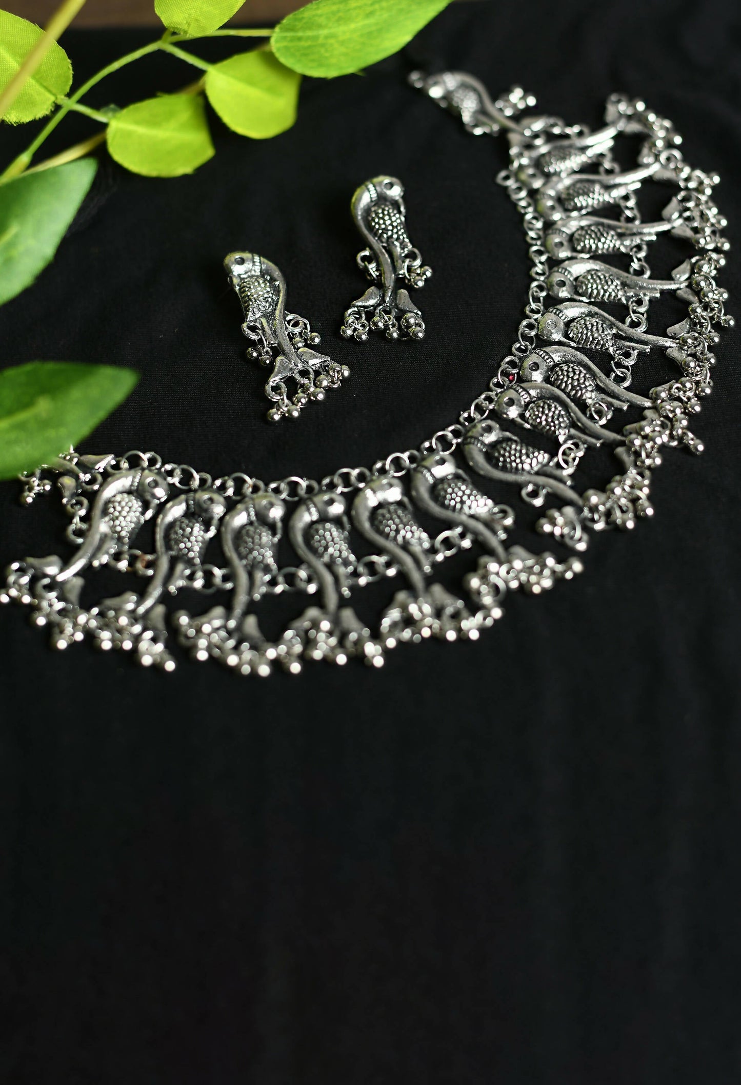 Mominos Fashion Johar Kamal Oxidised Silver-Plated Brass Finish Peacock Choker For Women (Silver)