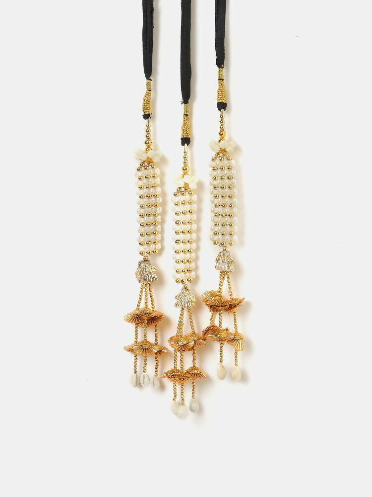 Ruby Raang Gold Gota Pati Work And Threads With Pearrls And Black Thread And Shells