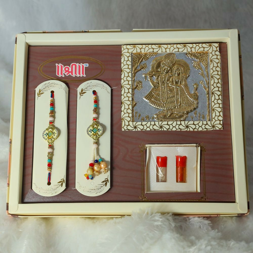 Indianvibez Exclusive Gift Pack Of Bhai Bhabhi Meenakari Desginer Rakhi With Roli & Krishna Silver Gold Plated Radha Krishna Foil