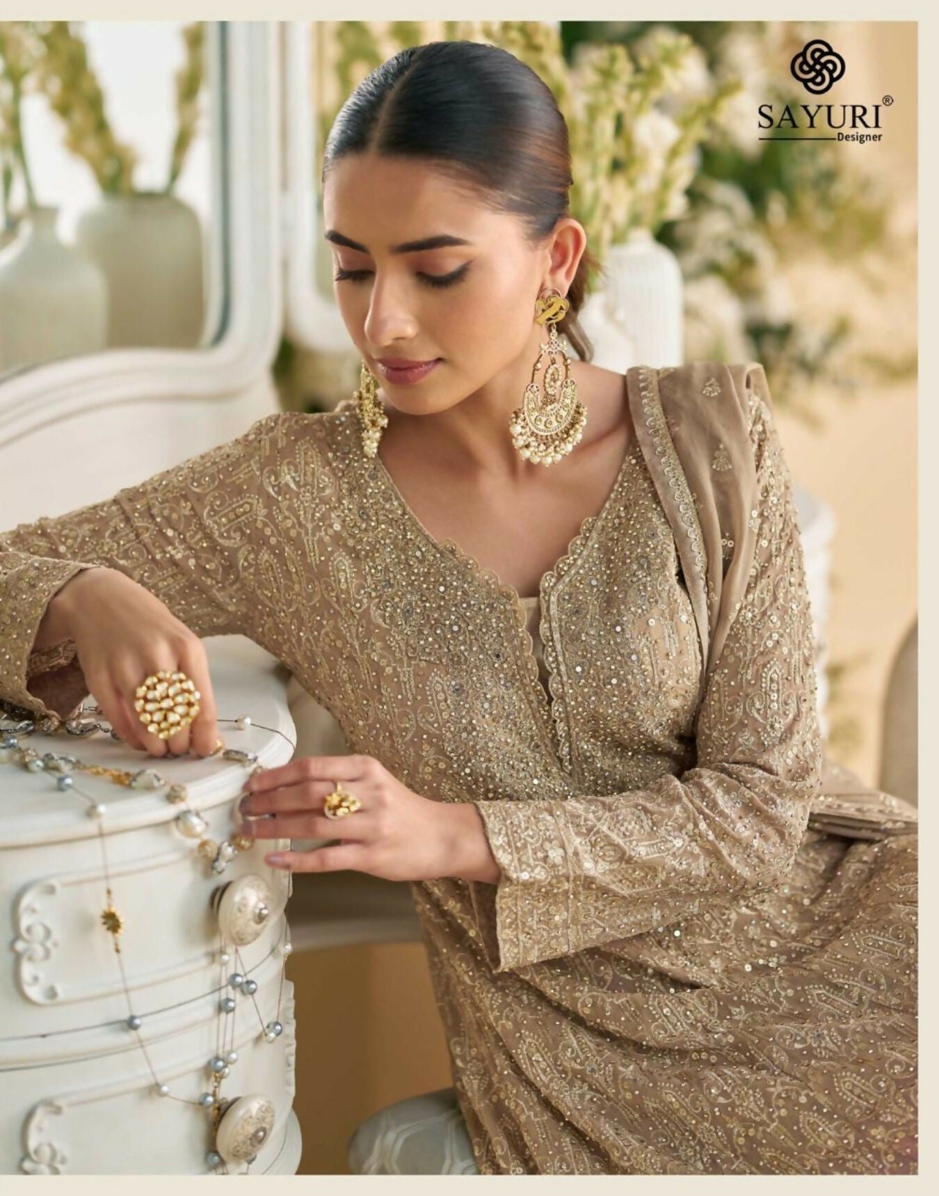 Anaita Beige Heavy Georgette Stitched Suit with Sequence & Diamond work
