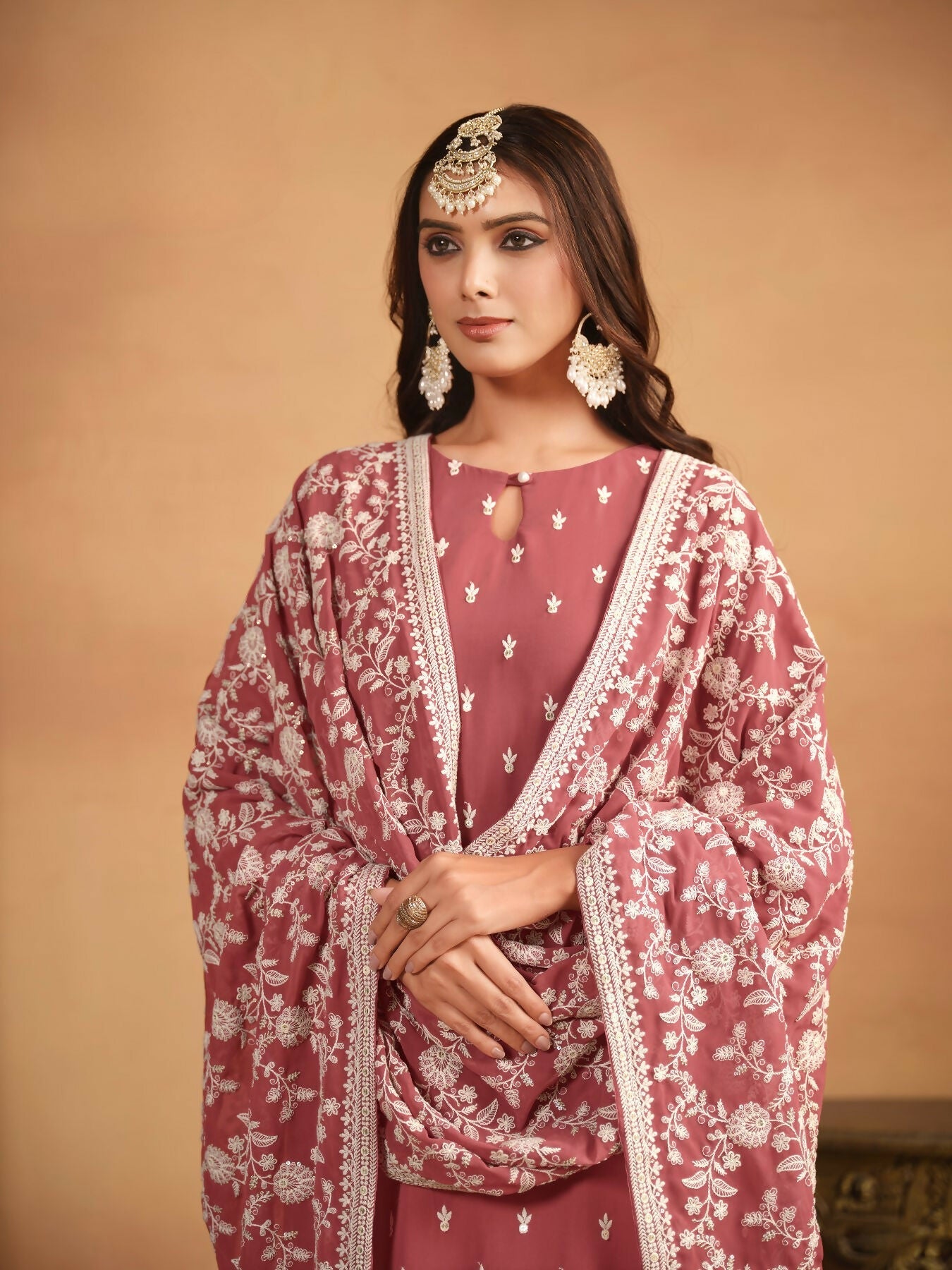 Anaita Brown Embroidered Faux Georgette Salwar Suit