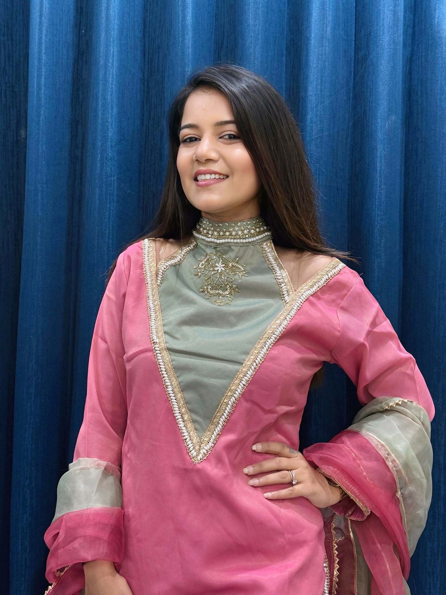 Anaita Rani-Pink Roman Shimmer Readymade Kurti Set with Designer Handwork