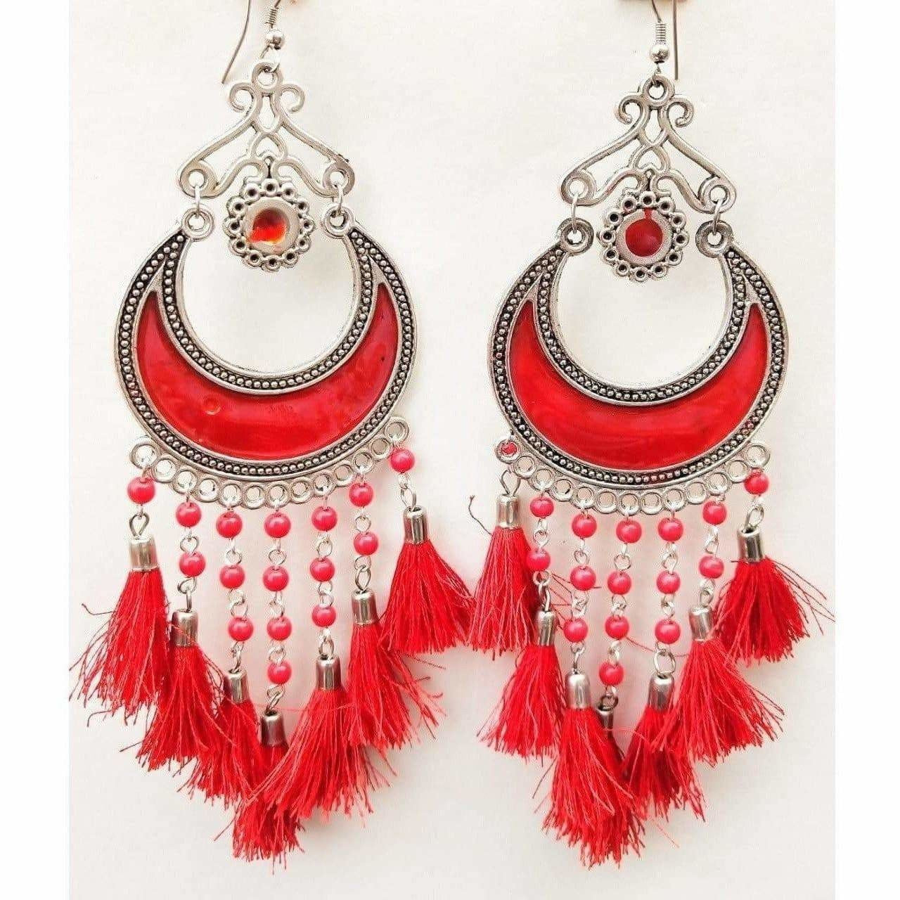 MS Fashion India Fancy Half Moon Red Color Beautiful Glass Pearls And Silk Thread Enamel Earrings