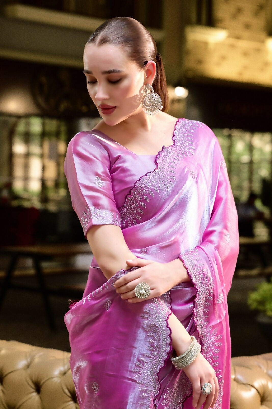 Vastranavya Baby Pink Embroidery Work Shimmer Chiffon Saree with Unstitched Blouse