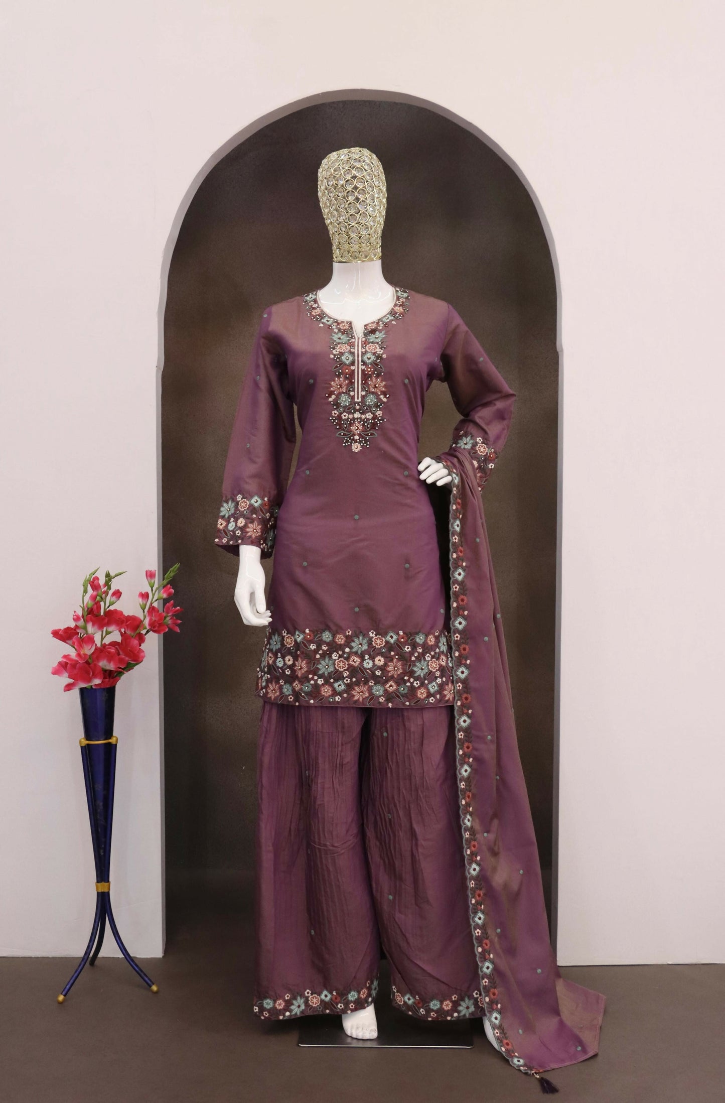 Anaita Wine Simar with Embroidery Multi & Zarkhan Work Readymade Palazzo suit