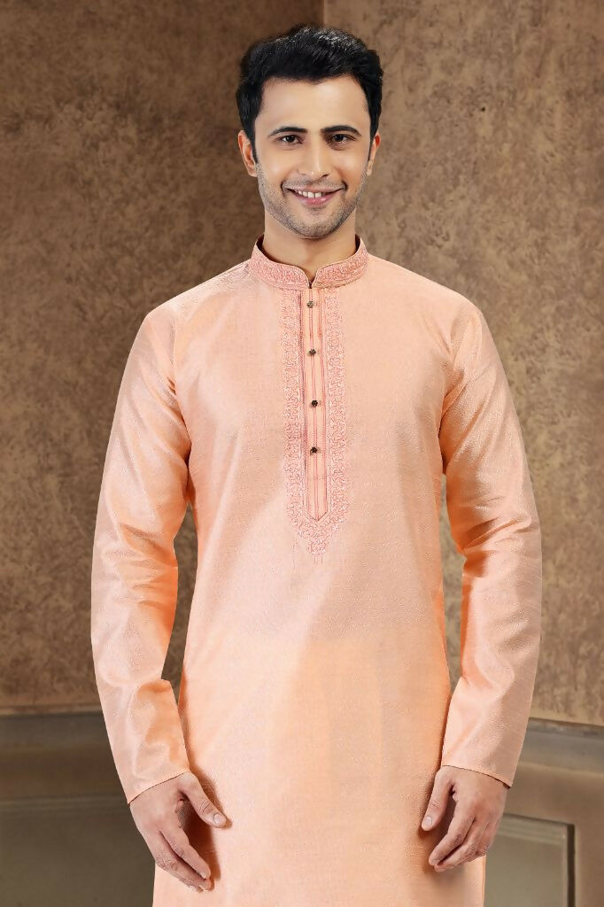 Raivat Ethnic Jacquard Banarasi Silk Thread Work Kurta Pajama In Peach Colour