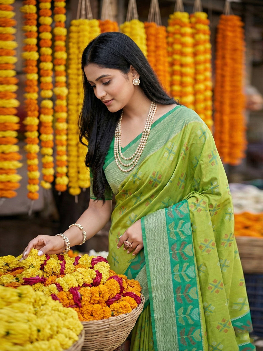 Anaita Parrot Pochampally Silk Woven Saree With Blouse