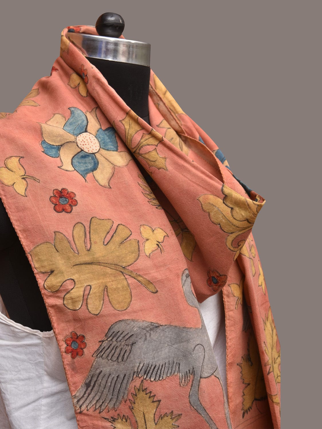 Peach Kalamkari Hand Painted Sico Stole with Floral and Birds Design - Global Threads