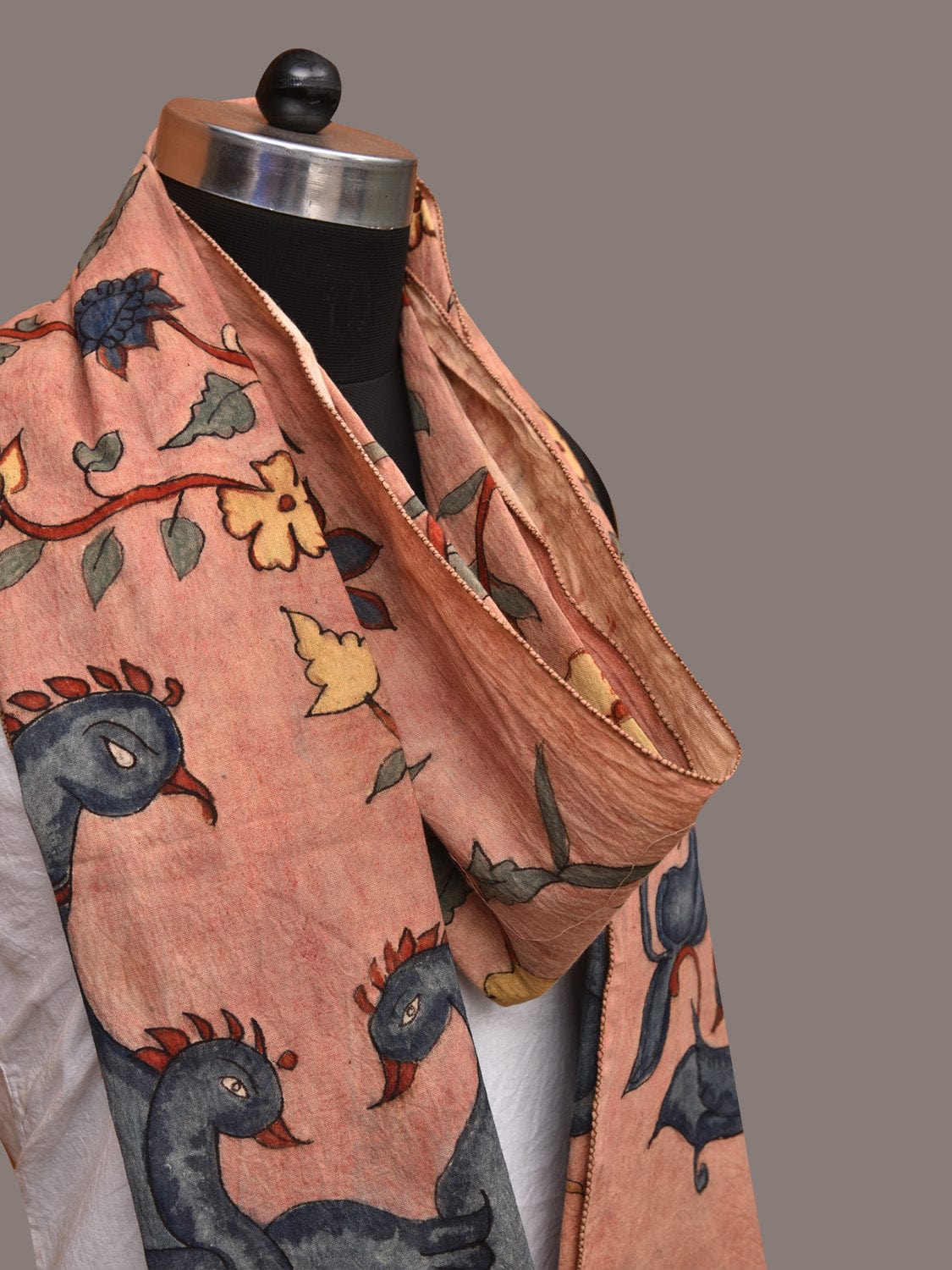 Peach Kalamkari Hand Painted Sico Stole with Floral and Birds Design - Global Threads