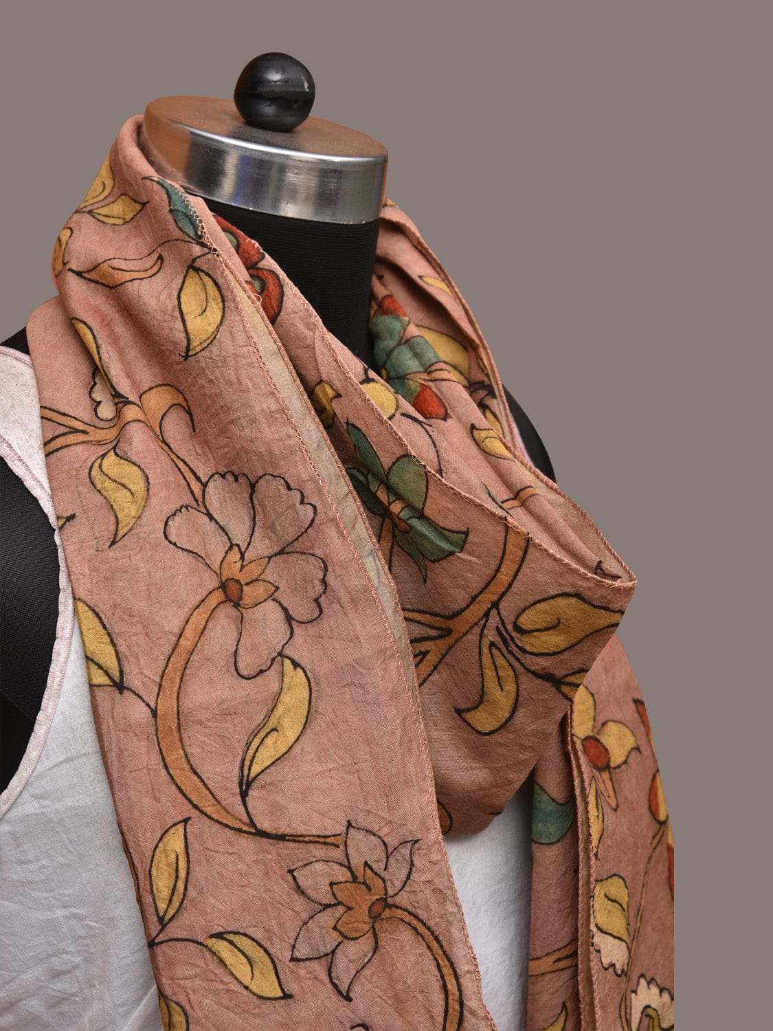 Peach Kalamkari Hand Painted Sico Stole with Floral Design - Global Threads