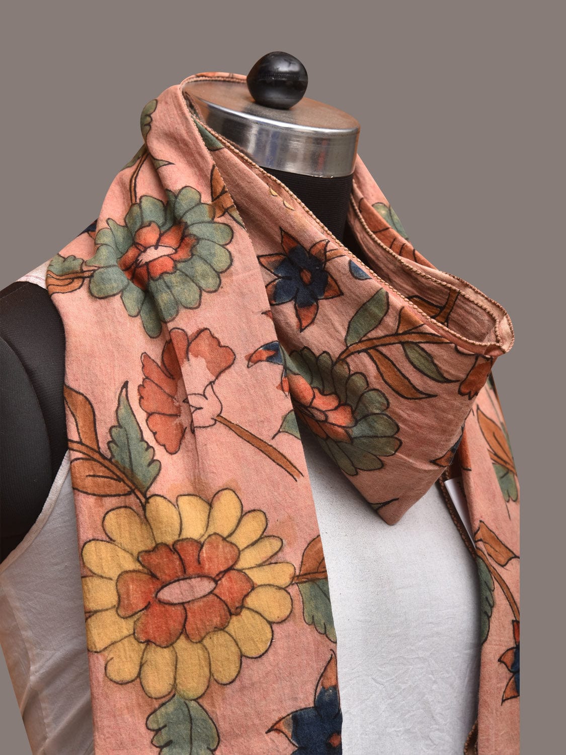 Peach Kalamkari Hand Painted Sico Stole with Floral Design - Global Threads