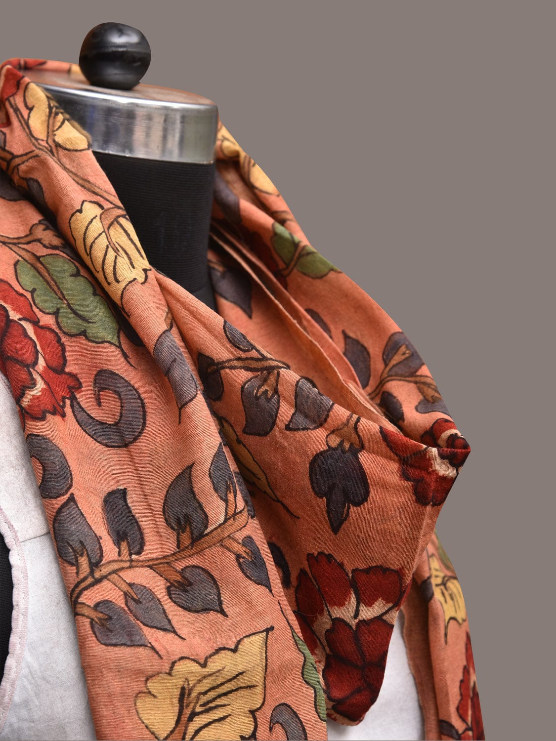 Peach Kalamkari Hand Painted Sico Stole with Flowers Design - Global Threads