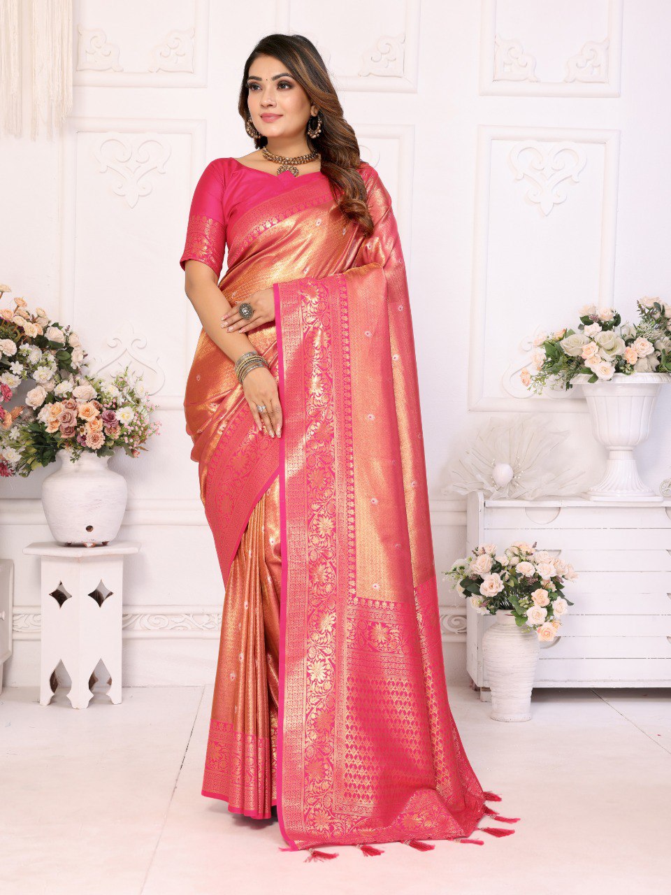 Anaita Light Orange Tissue Silk With Butti Weaving Saree With Blouse