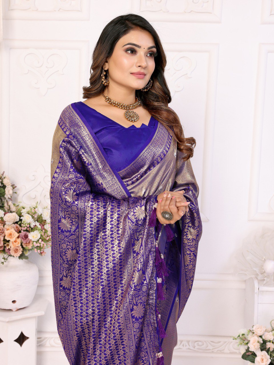 Anaita Lavender Tissue Silk With Butti Weaving Saree With Blouse