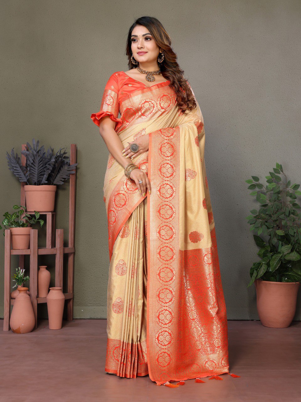 Anaita Orange Viscose Silk With Butties Weaving Saree With Blouse
