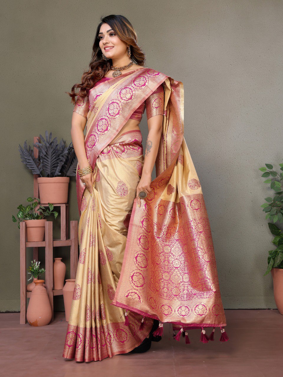 Anaita Rani Pink Viscose Silk With Butties Weaving Saree With Blouse