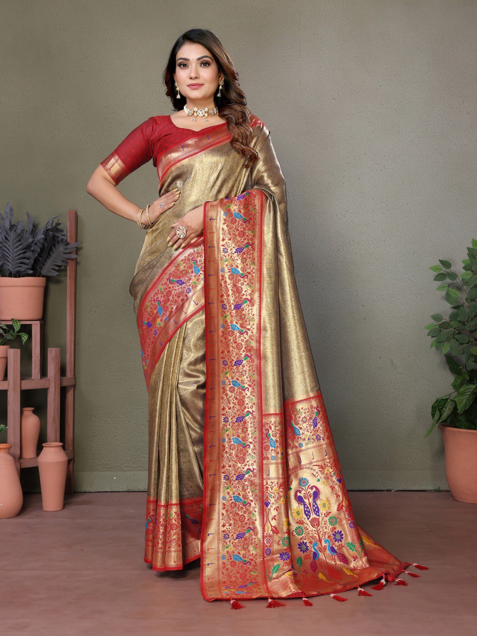 Anaita Mehendi Tissue Silk With Paithani Woven Saree With Blouse