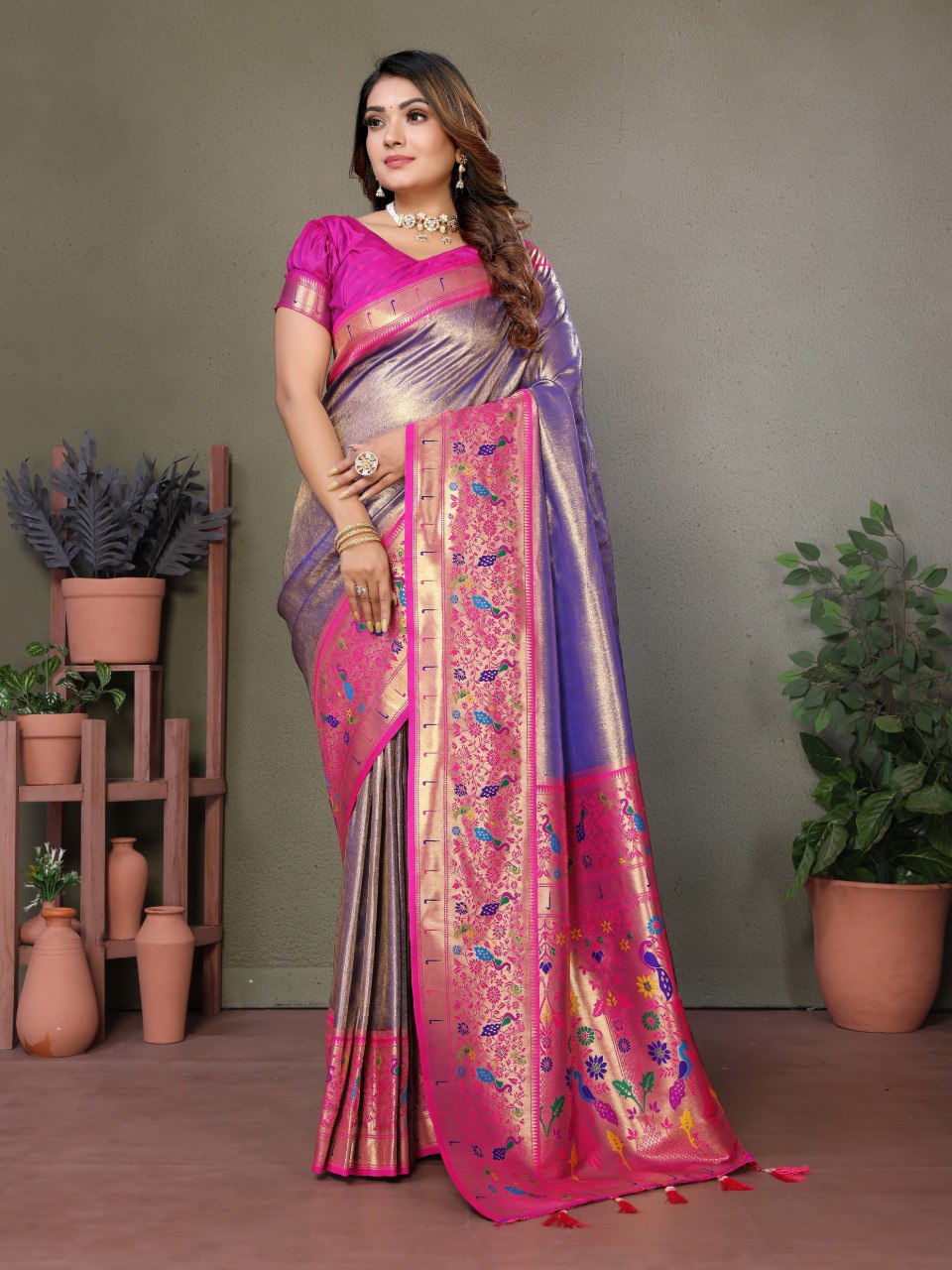 Anaita Lavender Tissue Silk With Paithani Woven Saree With Blouse