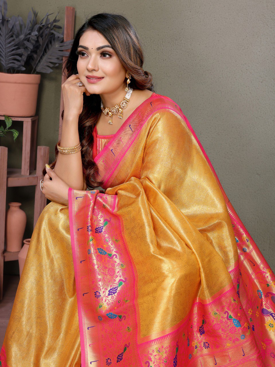 Anaita Golden Tissue Silk With Paithani Woven Saree With Blouse