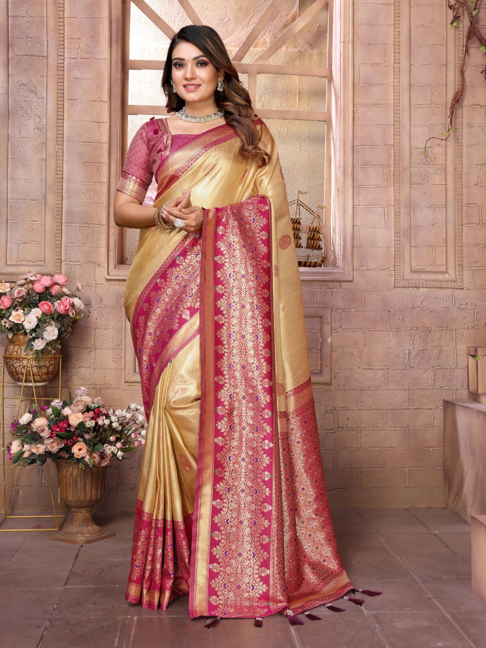 Anaita Cream Tissue Silk With Weaving Saree With Blouse
