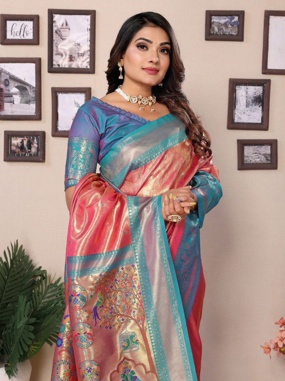 Anaita Light Red Tissue Silk With Weaving Saree With Blouse
