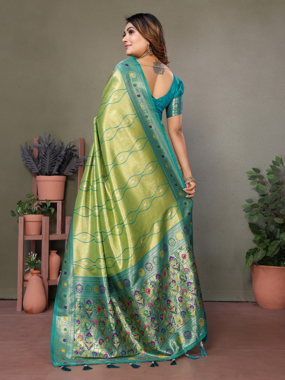 Anaita Light Green Tissue Silk With Weaving Saree With Blouse