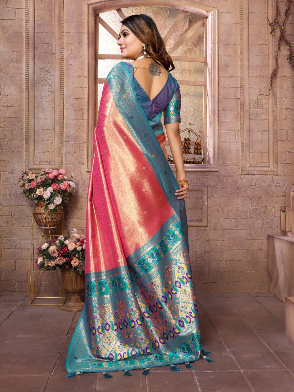 Anaita Light Red Tissue Silk With Weaving Saree With Blouse