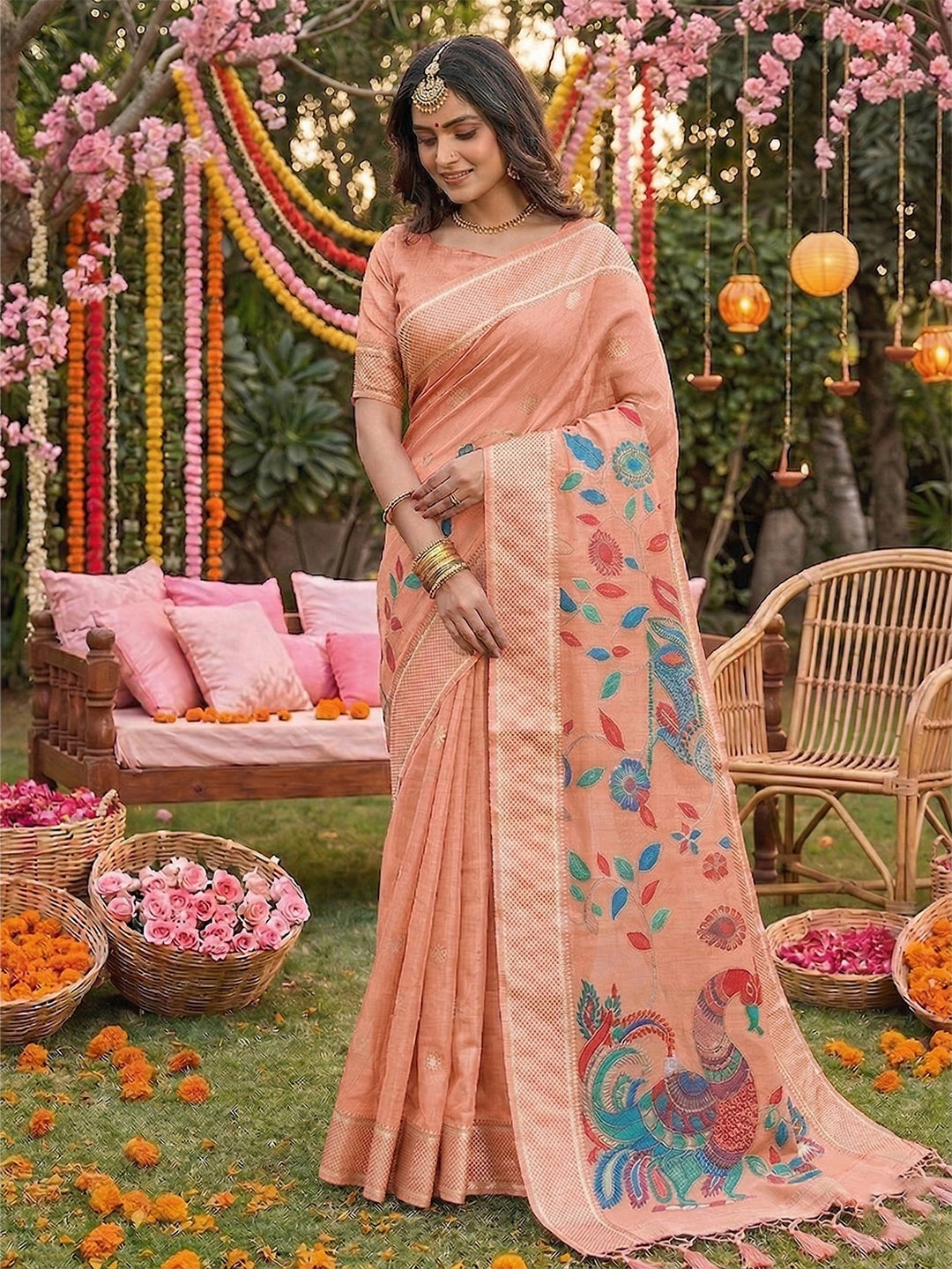 Anaita Pink Linen Cotton Woven Saree With Blouse