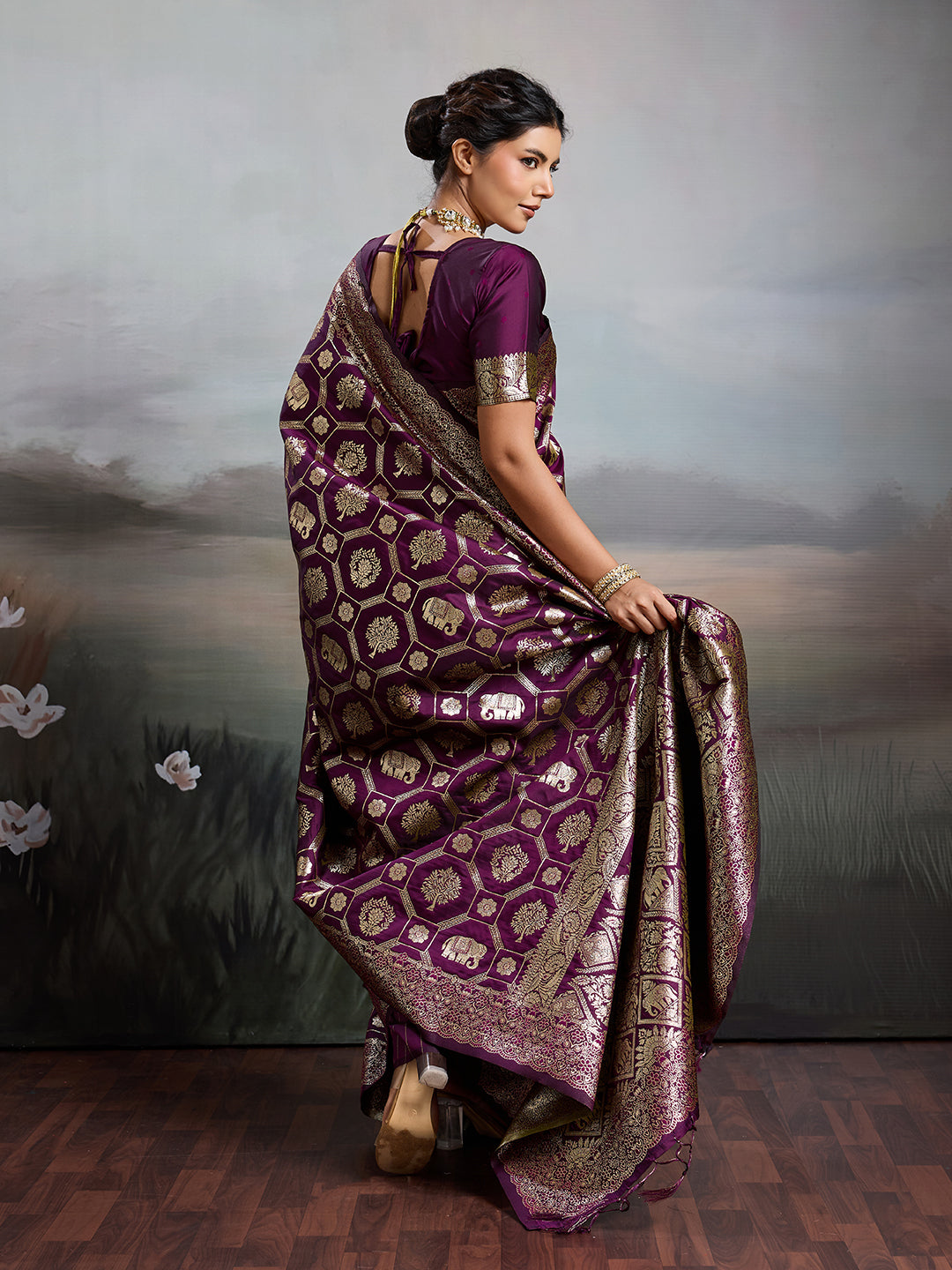 Anaita Purple Silk Blend Woven Saree With Blouse