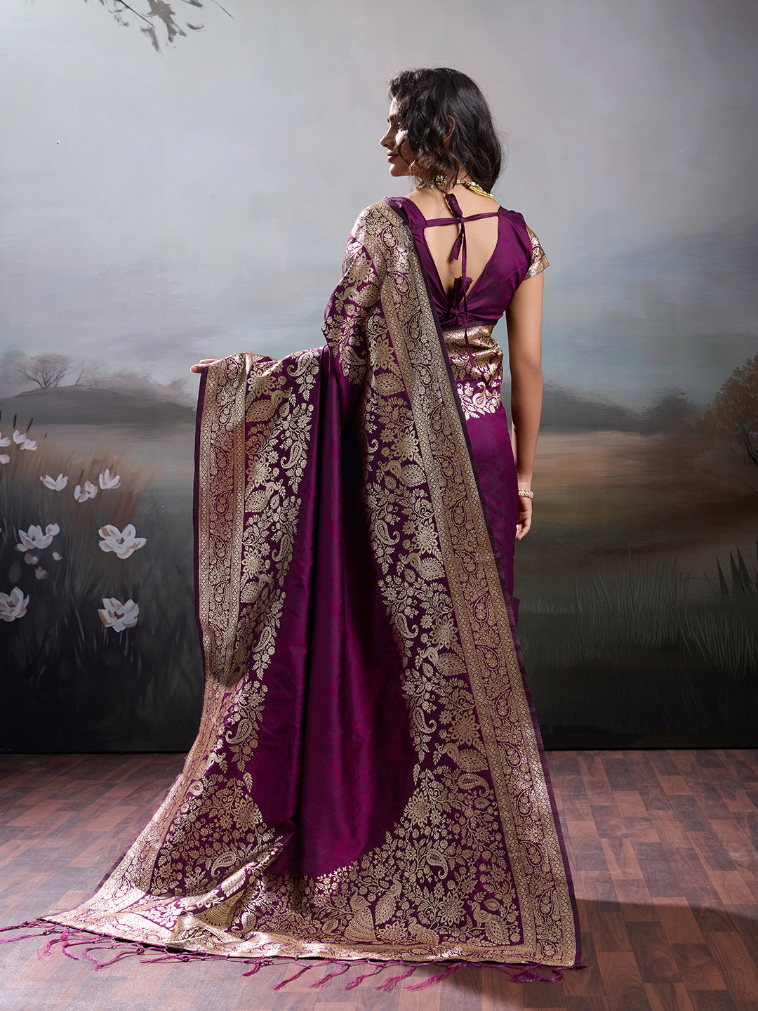 Anaita Purple Silk Blend Woven Saree With Blouse