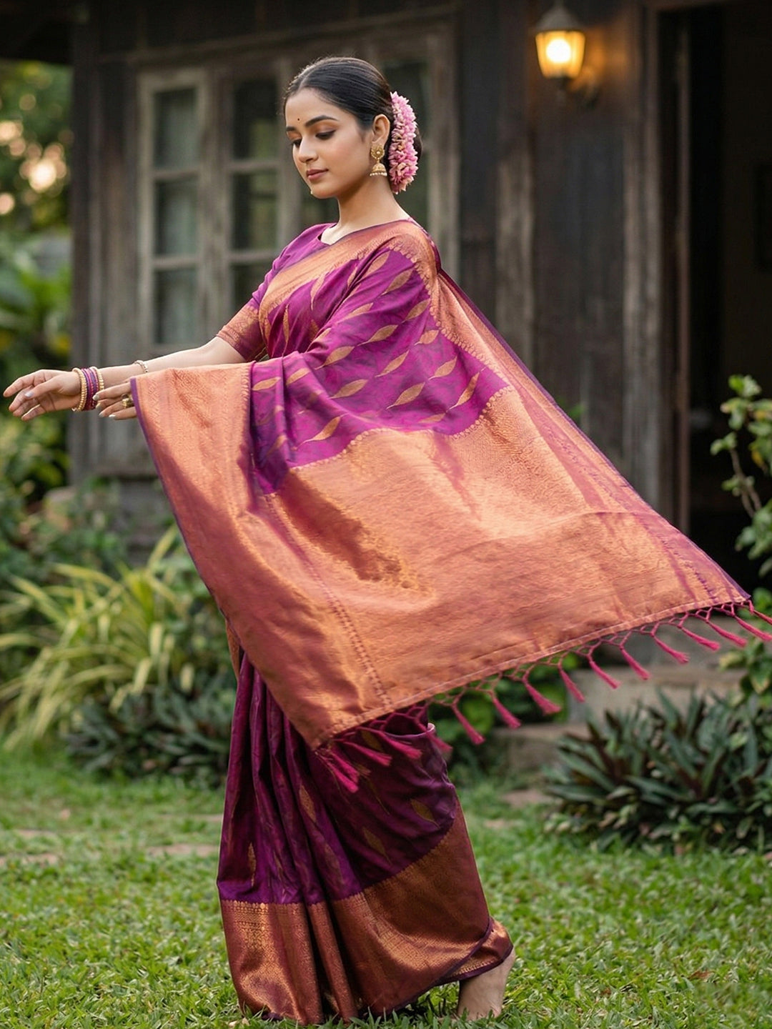 Anaita Purple Silk Blend Woven Saree With Blouse