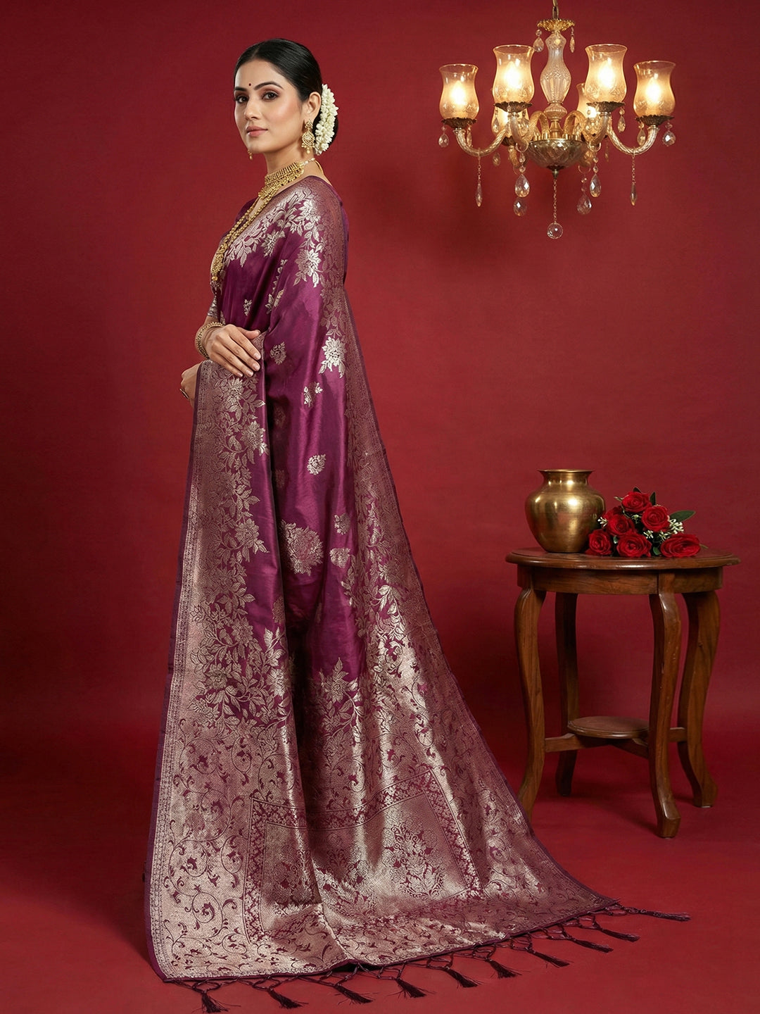 Anaita Purple Silk Blend Woven Saree With Blouse