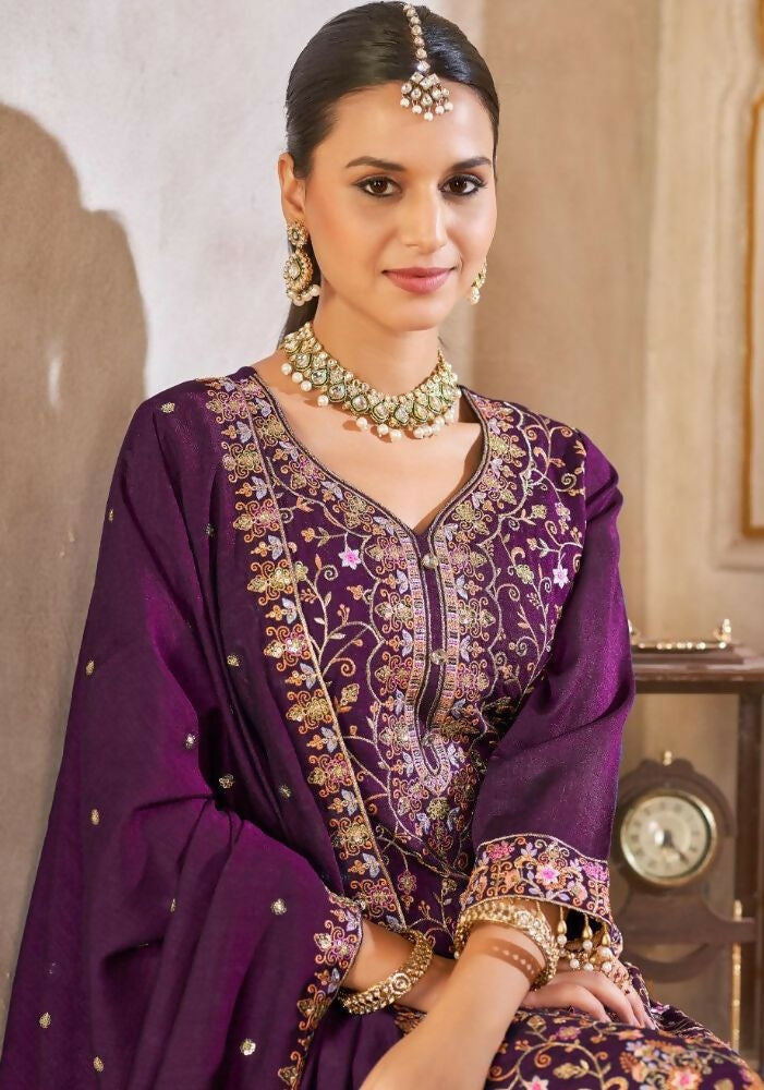 Anaita Purple Vichitra Silk Readymade Suit with Embroidery & Lace Work