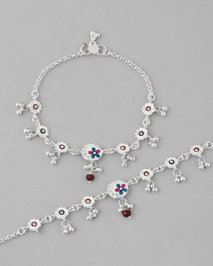 VOJ Set of 2 Stone Studded Circular Shaped Traditional Anklet