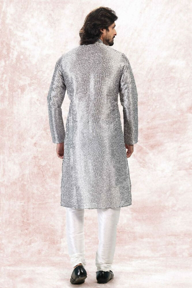 Raivat Ethnic Jacquard Banarasi Silk Digital Print Kurta Pajama In Grey Colour