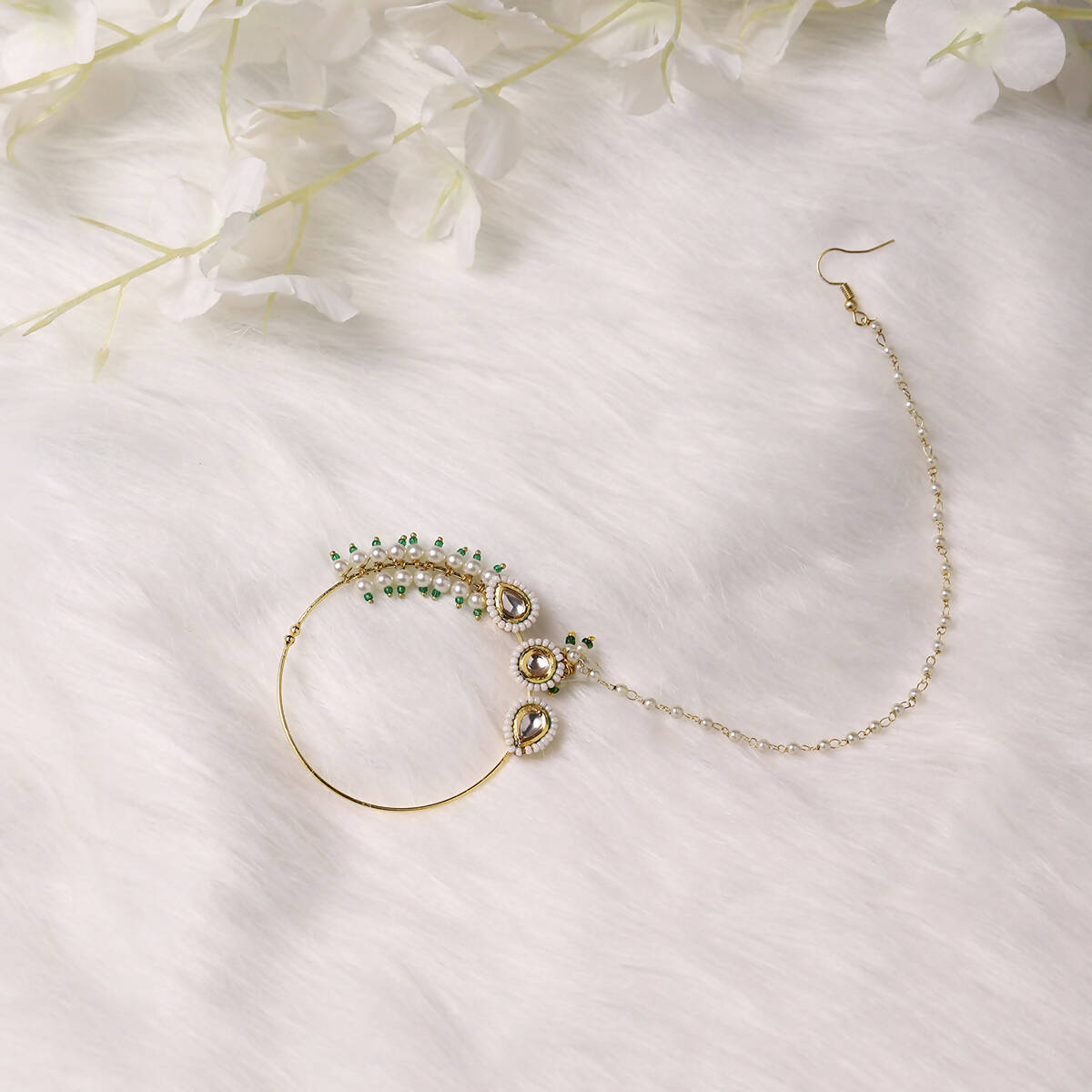 Gold-Polished White Kundan Studded Pearl Beaded Nose Pin - Ruby Raang