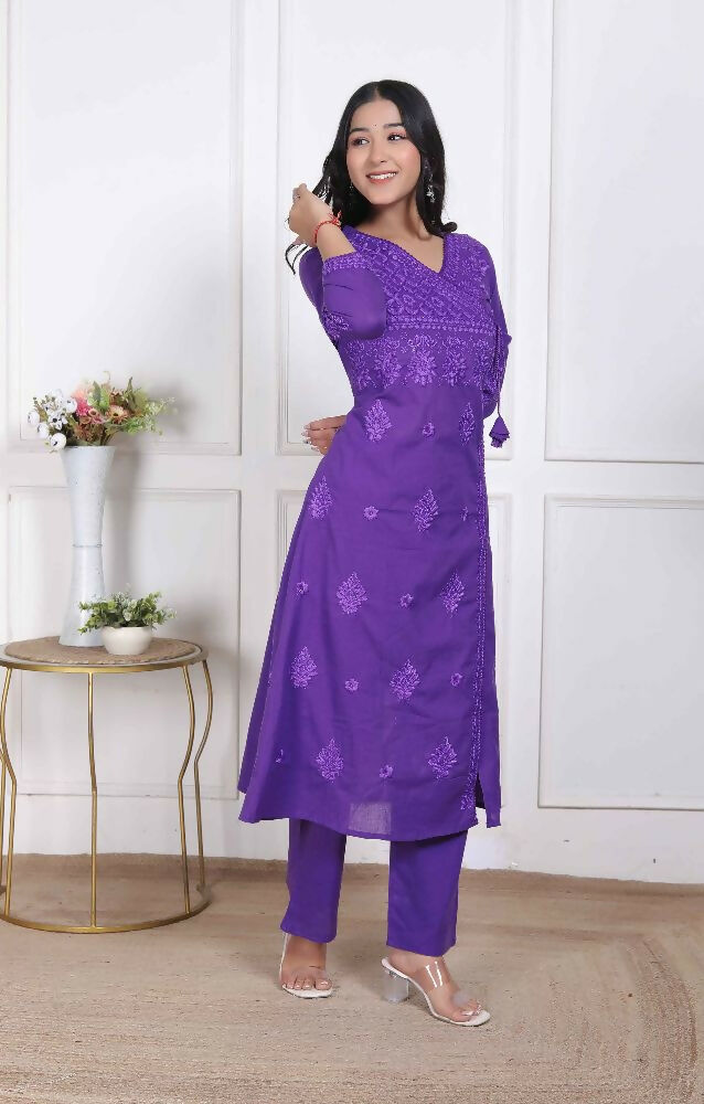 Miravan Womens Purple Floral Printed Angrakha Style Kurta With Palazzo