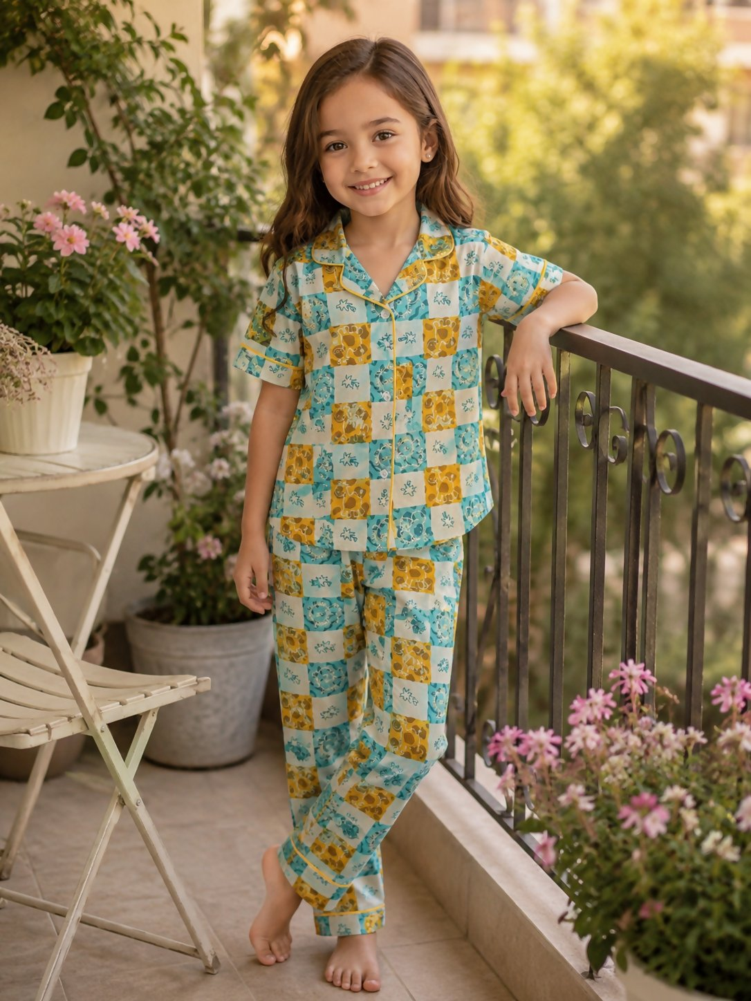 Breathables Woven Cotton Half Sleeves Checks Shirt & Pyjama Multicolour