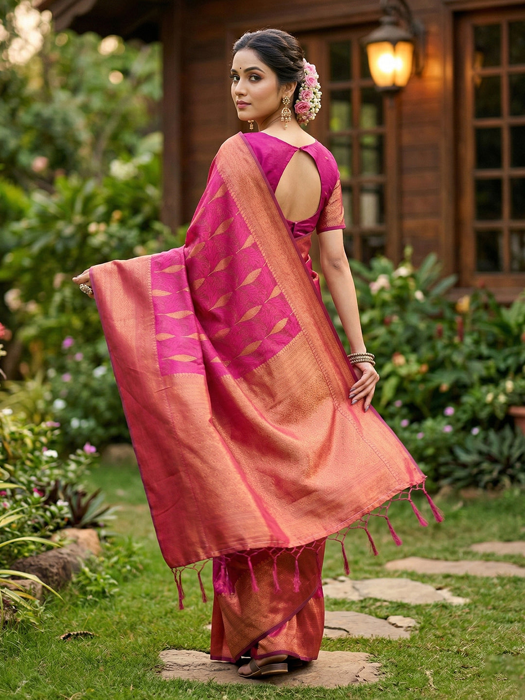 Anaita Rani Pink Silk Blend Woven Saree With Blouse
