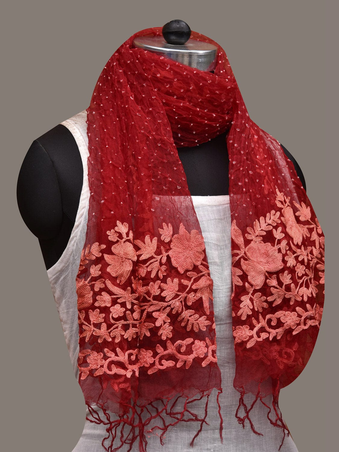 Red Bandhani Organza Stole with Embroidary Work Design - Global Threads